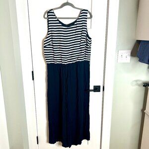 Talbots Navy Blue Striped Wide Leg Jumpsuit Size 16 Sailor Nautical Beachy